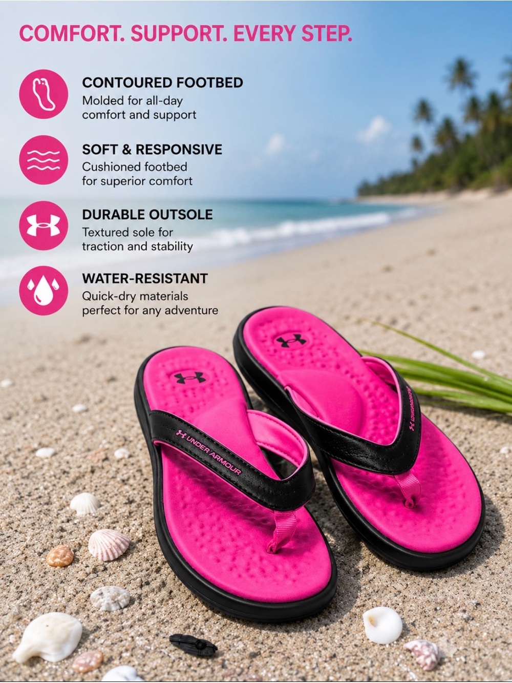 Under Armour Women’s Hot Pink and Black Flip Flops